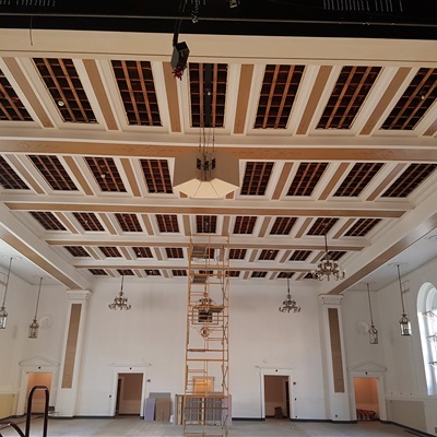 Uninstall of 9 chandeliers and 10 Lanterns from Auditorium of Lawrence Middle School, NY.  19 fixtures total.